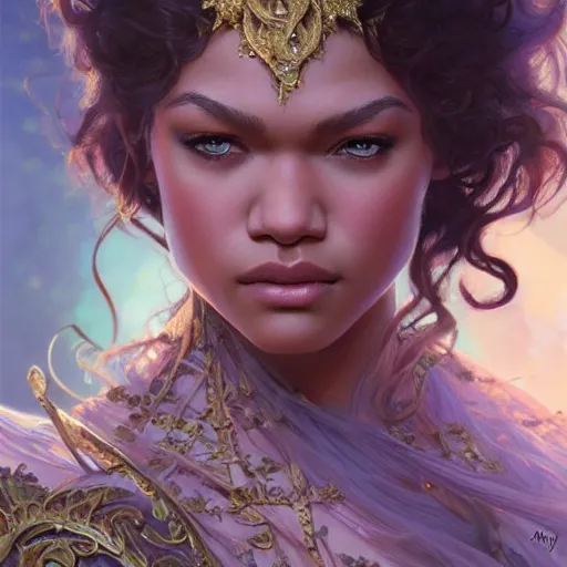 Image similar to beautiful young zendaya, closeup, d & d, fantasy, intricate, elegant, highly detailed, digital painting, artstation, concept art, matte, sharp focus, illustration, art by artgerm and greg rutkowski and alphonse mucha