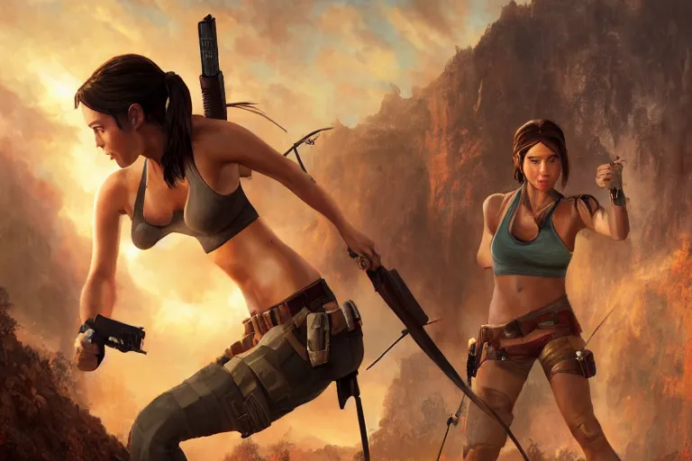 Prompt: film still of aubrey plaza as lara croft, an oil painting by ross tran and thomas kincade