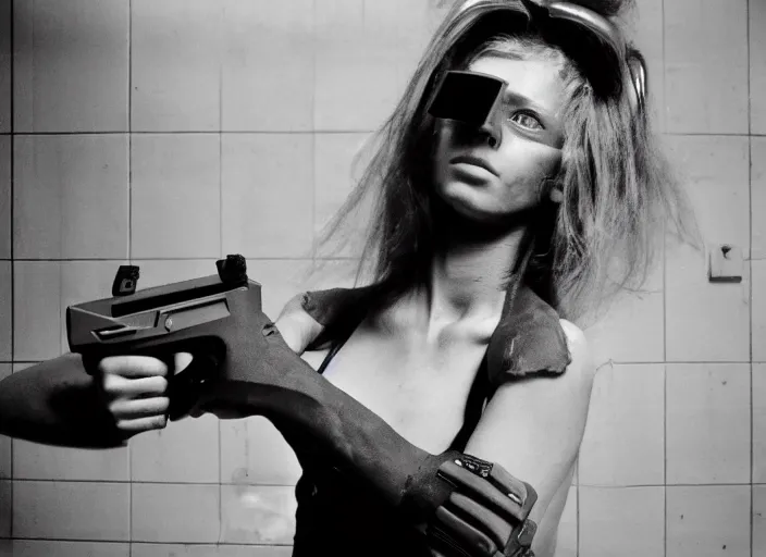 Prompt: close - up portrait of cyberpunk cyborg girl with a gun for an arm, in a futuristic subway, richard avedon, tri - x pan