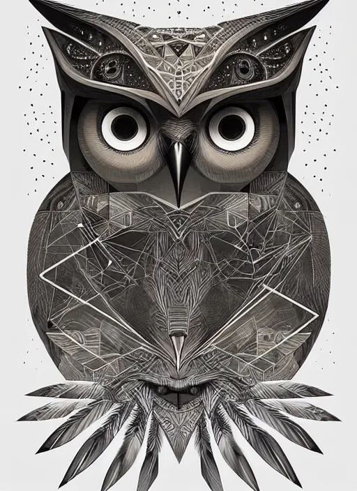 Image similar to portrait of a geometric owl, identical eyes, medium shot, illustration, full body made of white feathers, symmetrical, art stand, super detailed, cinematic lighting, and its detailed and intricate, gorgeous, by peter mohrbacher