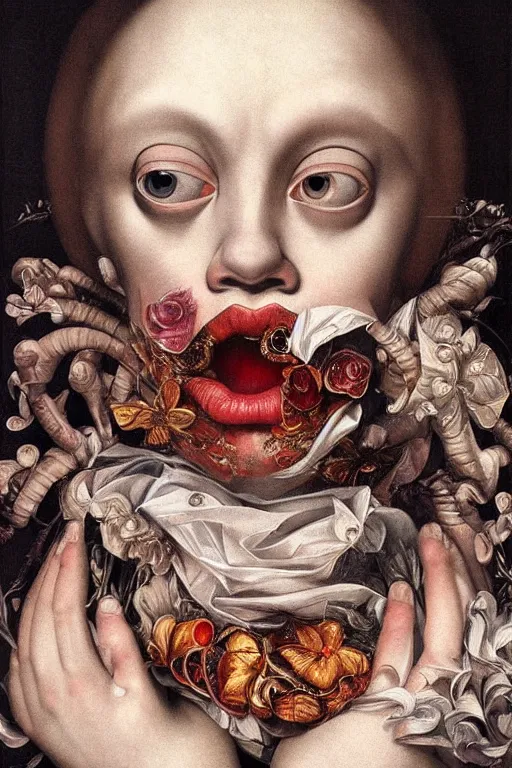 Prompt: Detailed maximalist portrait with large lips and wide eyes, sad expression, extra hands, HD mixed media, 3D collage, highly detailed and intricate, surreal, illustration in the style of Caravaggio, dark art, baroque