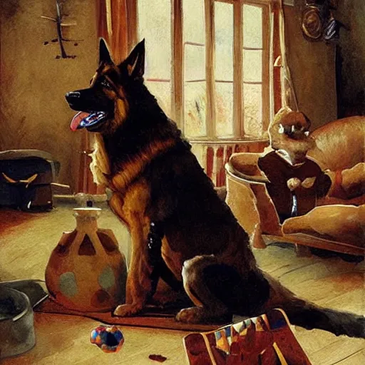 Image similar to a humanoid german shepherd beast - man, sitting and watching a soccer match in his house on television, he has hurt his knee and is a dad, by erin hanson, alexi zaitsev, karl spitzweg, award winning, tv set