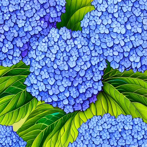 Prompt: Botanical illustration of a blue hydrangea, hyper detailed, 4k