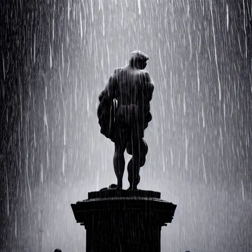 Image similar to 4 k hdr full body wide angle sony portrait of a michelangelo statue as donald trump showering in a rainstorm with moody stormy overcast lighting