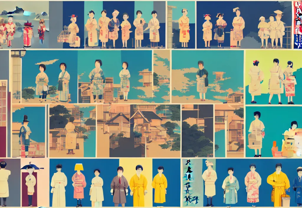 Image similar to full frame, a row of a few european tourists standing with a variety of poses and props, [ several ] character designs, ( rural japan ) a collage painting, in the style of wes anderson, lola dupre, david hockney, [ isolated on negative white space background ] dark monochrome neon spraypaint accents volumetric octane render