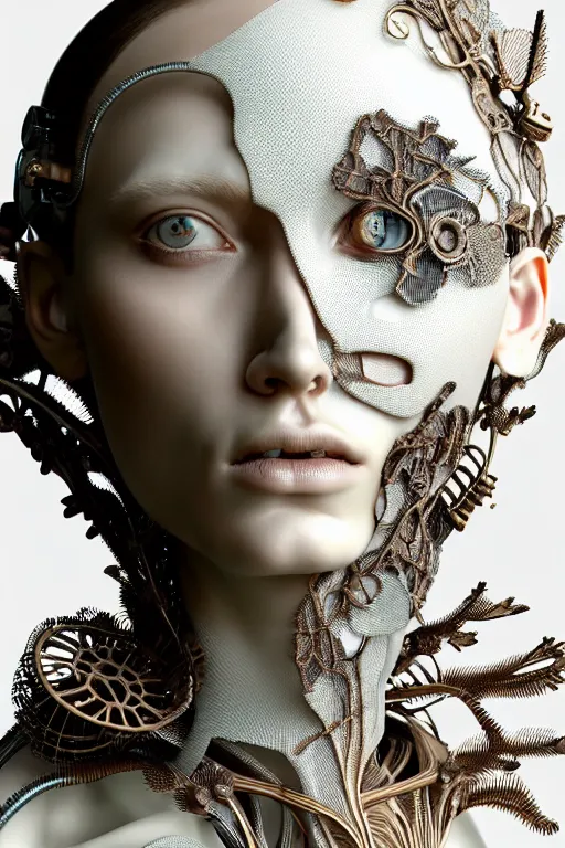 Prompt: complex 3d render ultra detailed of a beautiful porcelain Grimes face, biomechanical cyborg, analog, 150 mm lens, beautiful natural soft rim light, big leaves and stems, roots, fine foliage lace, silver dechroic details, massai warrior, Alexander Mcqueen high fashion haute couture, pearl earring, art nouveau fashion embroidered, steampunk, intricate details, mesh wire, mandelbrot fractal, anatomical, facial muscles, cable wires, microchip, elegant, hyper realistic, ultra detailed, octane render, H.R. Giger style, volumetric lighting, 8k post-production