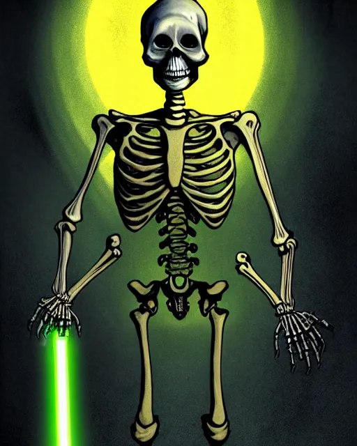 Image similar to zombie skeleton jedi knight meditating, explosive electric energy, in the style of darrell k. sweet, in the style of 1 9 8 0 s, matte, intense atmosphere, high detail, vintage horror