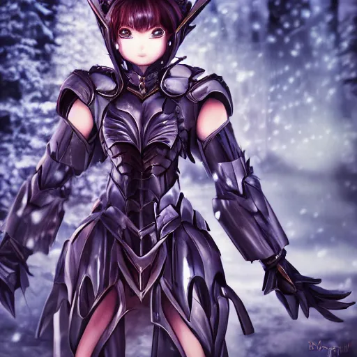 Prompt: portrait focus of knight beautiful 3D anime girl, bionic armor wearing, dark forest background, snowing, bokeh, inspired by Masami Kurumada, digital painting, high contrast, unreal engine render, volumetric lighting, high détail