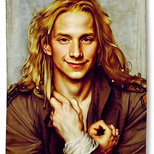 Image similar to beautiful portrait painting of Edward Elric with long curly blond hair, delicate young man wearing an open poet shirt smiling sleepily at the viewer, symmetrically parted curtain bangs, in love by Peter Paul Rubens and Norman Rockwell