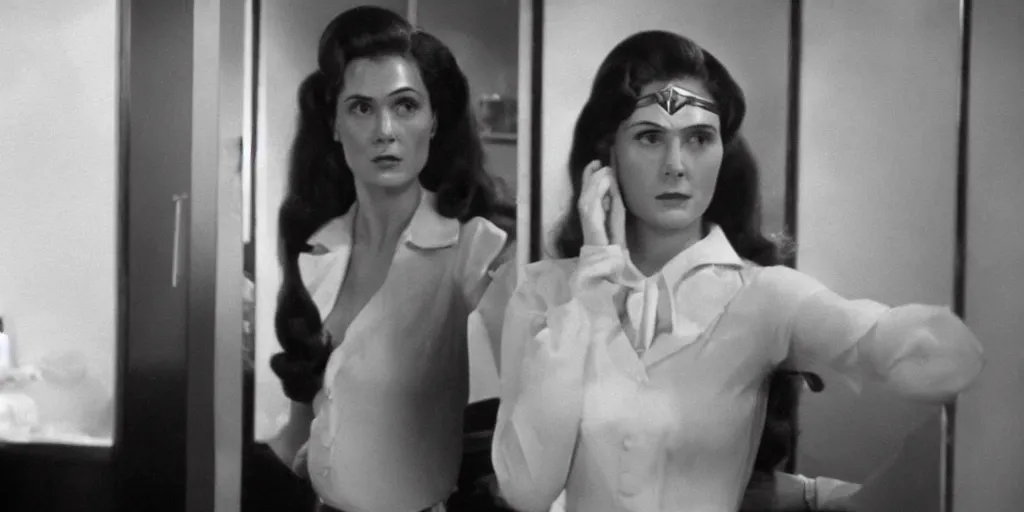 Image similar to ultra wide angle photo of young linda carter dressed in a white blouse and black dress pants as diana prince looking at herself in a bathroom mirror and seeing her reflection as wonder woman