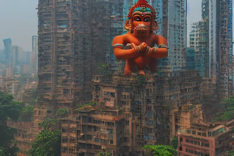 Image similar to high quality 3 d cyberpunk biomorphic hanuman head building in the middle of mumbai!!, kalighat highly detailed, cinematic smooth, stephen shore & john j. park, soft morning light, wide shot, high angle, uhd 8 k, deep focus