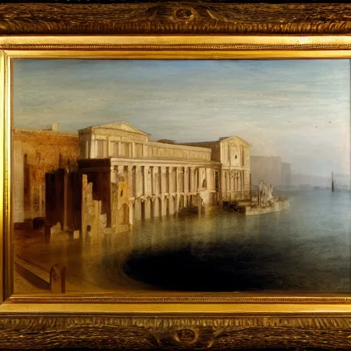 Prompt: the Roman villa by the harbour, ancient art, light of god, Tate collection, in style of J.M.W. Turner