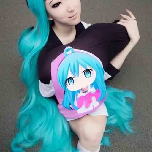 Prompt: Hatsune Miku as a real person holding a body pillow depicting herself, she is curious how is this possible