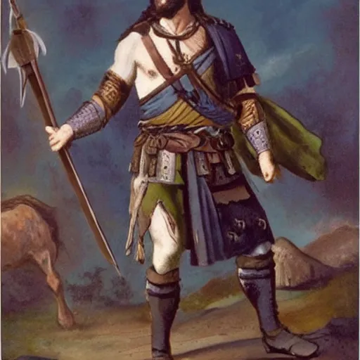 Prompt: a colour painting of William Wallace with the following description, He was a tall man with the body of a giant, cheerful in appearance with agreeable features, broad-shouldered and big-boned, with belly in proportion and lengthy flanks, pleasing in appearance but with a wild look, broad in the hips, with strong arms and legs, a most spirited fighting-man, with all his limbs very strong and firm. 35mm 4k sharp focus