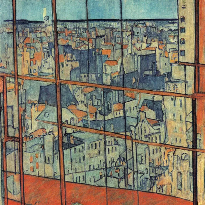 Image similar to city seen from a window frame. fuzzy black cat. henri de toulouse - lautrec, utamaro, matisse, felix vallotton, monet