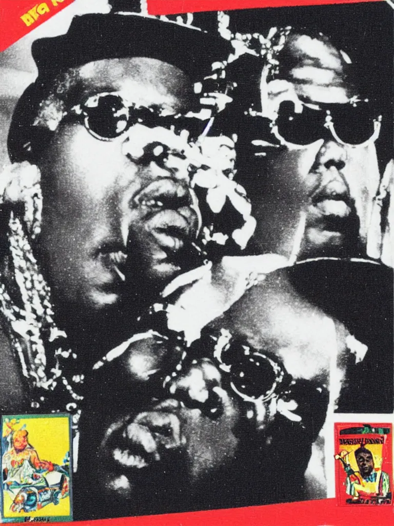 Prompt: trading card featuring portrait of notorious big, wearing crown and sunglasses, biggie smalls rap music trading card