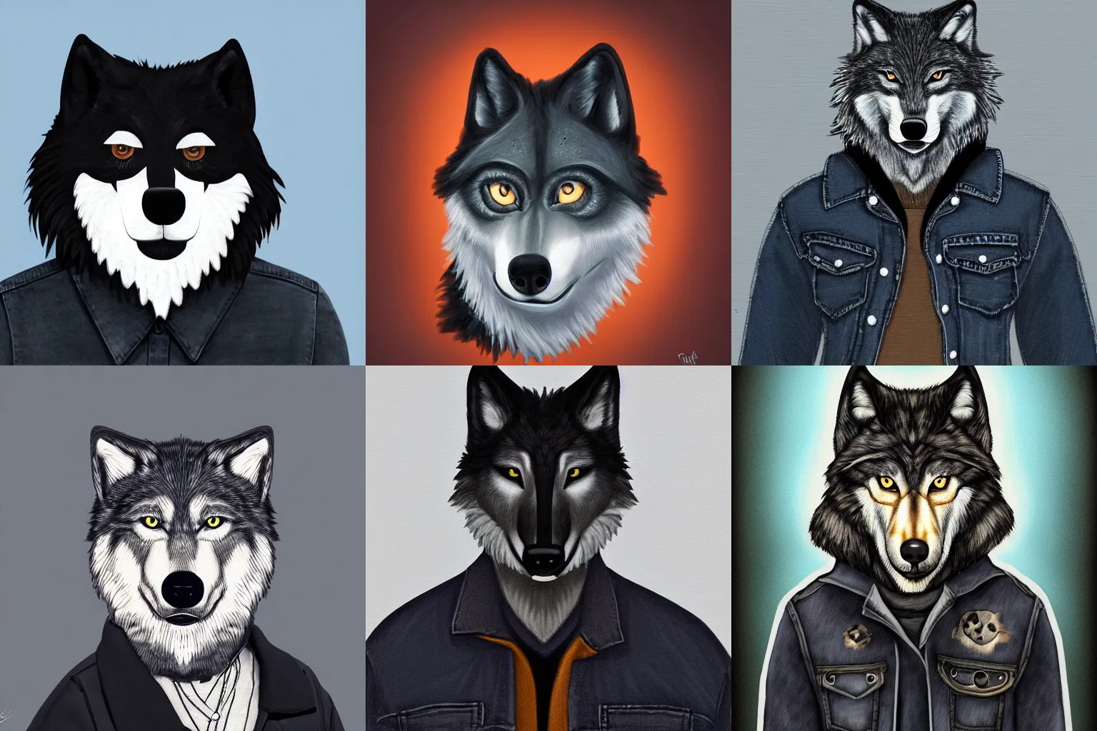 Prompt: a portrait of an anthropomorphic wolf in a black denim jacket, digital painting