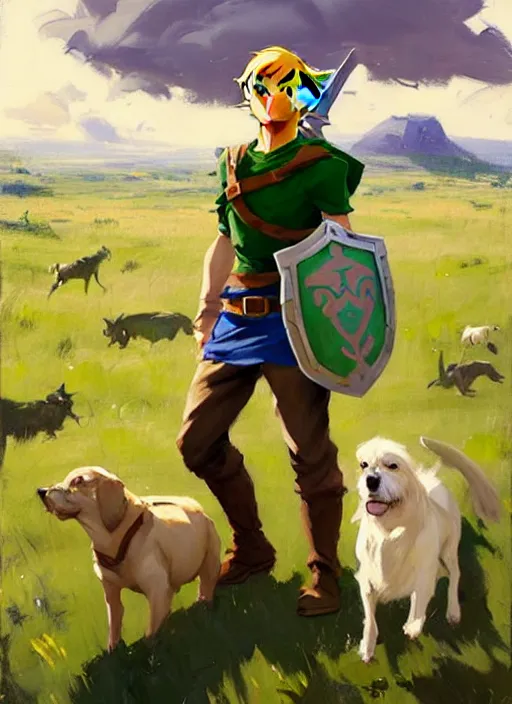 Image similar to Greg Manchess painting of Link from Legend of Zelda in casual wear out with the dogs, countryside, fantasy character portrait, dynamic pose, above view, sunny day, thunder clouds in the sky, artwork by Jeremy Lipkin and Giuseppe Dangelico Pino and Michael Garmash and Rob Rey, very coherent asymmetrical artwork, sharp edges, perfect face, simple form, wacky, 100mm