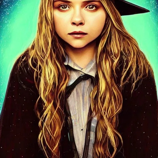 Image similar to “ chloe grace moretz portrait as a wizard from hogwarts, poster, digital drawing, realistic, sharp focus, magic, magic wand, spells, stars, creatures ”