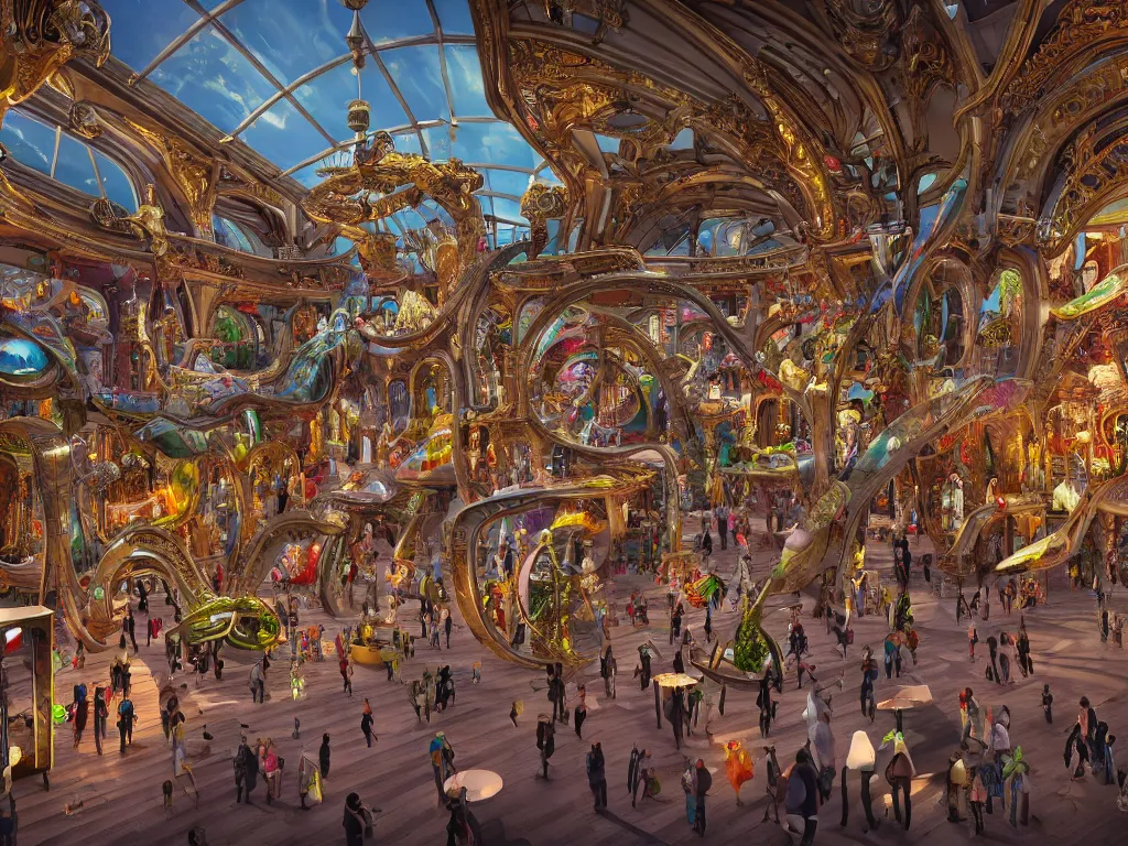 Prompt: interior of a busy elaborate ornate outdoor science museum, cinematic, shadows, 4 k, detailed, by zaha hadid and lisa frank and peter jackson and ridley scott and beeple and greg rutowski