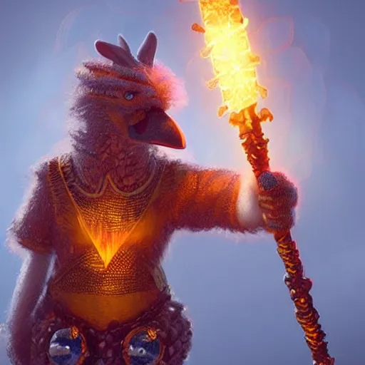 Prompt: Big Bird wearing chainmail tunic holding a glowing fire magical staff. Trending on Artstation, octane render, ultra detailed, art by Ross tran