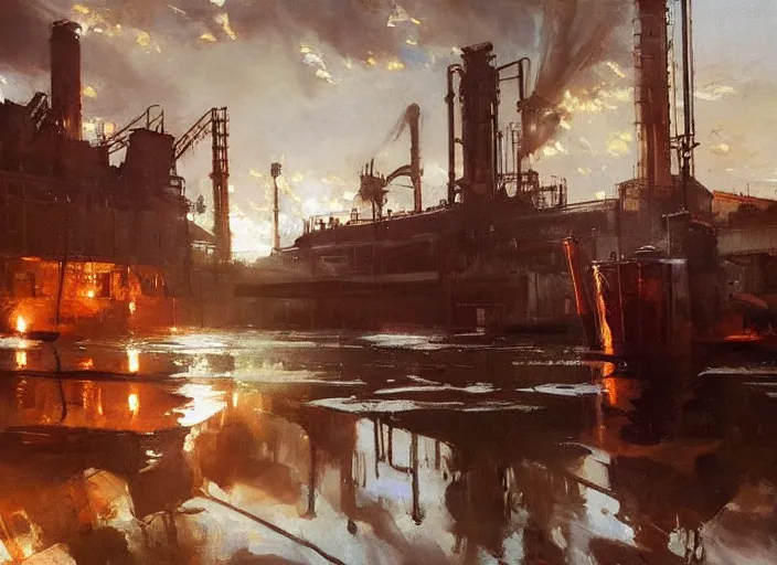 Image similar to oil painting of copper potstill in factory, art by anders zorn, wonderful art by greg rutkowski, beautiful cinematic light, american romanticism by greg manchess, reflections and refraction, sunlight