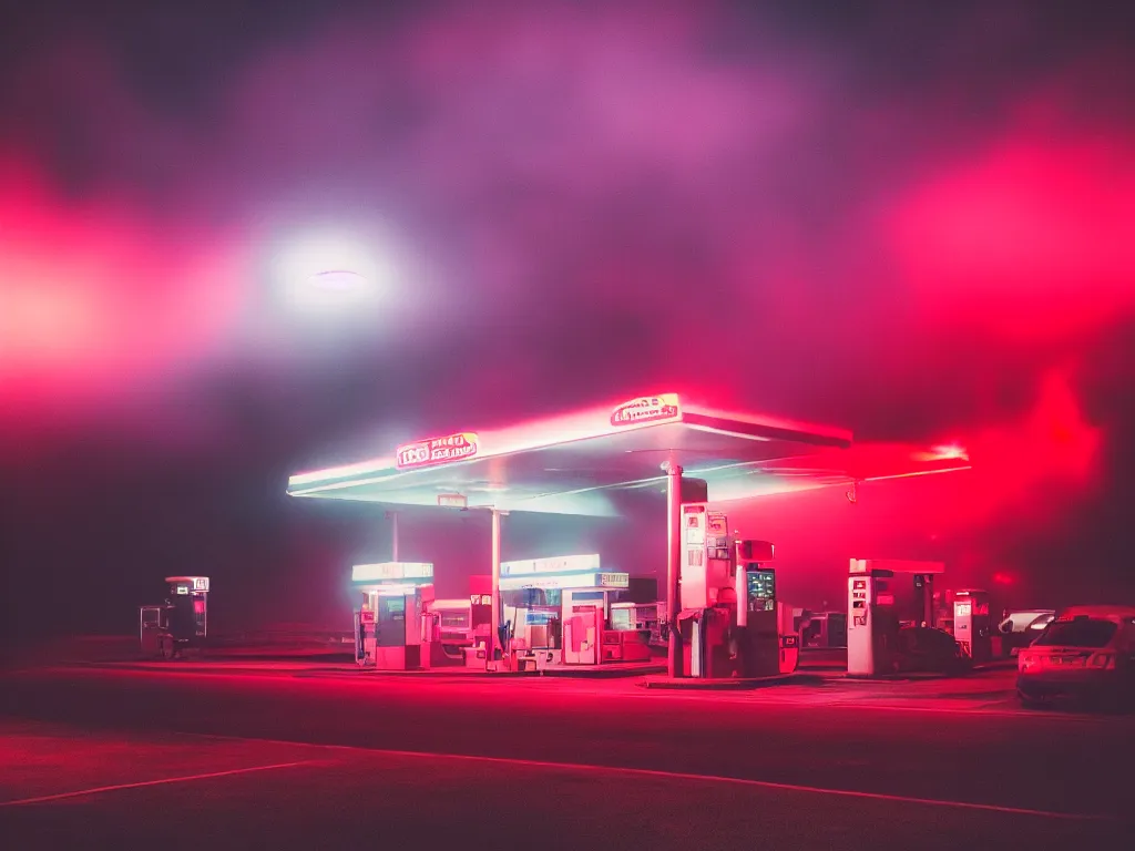 Prompt: “photography of gas station , fog, red lights, night, mood, atmospheric, full of colour, digital photography”