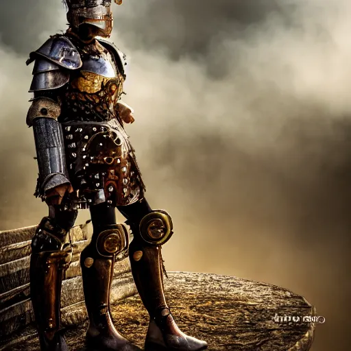 Prompt: steam punk gladiator wearing armor in the arena, shallow depth of field, moody lighting, 8 k,