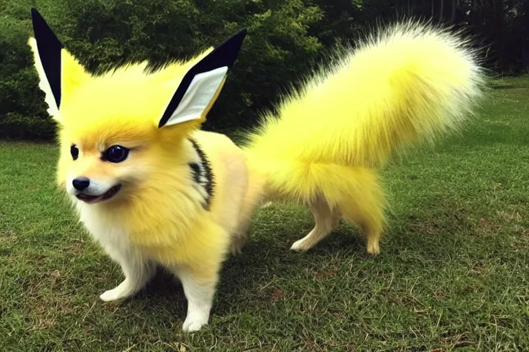 Image similar to real life jolteon pokemon, cute!!!, heroic!!!, adorable!!!, playful!!!, fluffly!!!, happy!!!, cheeky!!!, mischievous!!!, ultra realistic!!!, autumn, clear weather, ( golden hour ), sharp focus