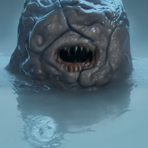 Prompt: a creepy monster blob, slimy tongue, saliva, skin texture like a brain, standing in shallow water, unsettling, creepy, artstation, cgsociety