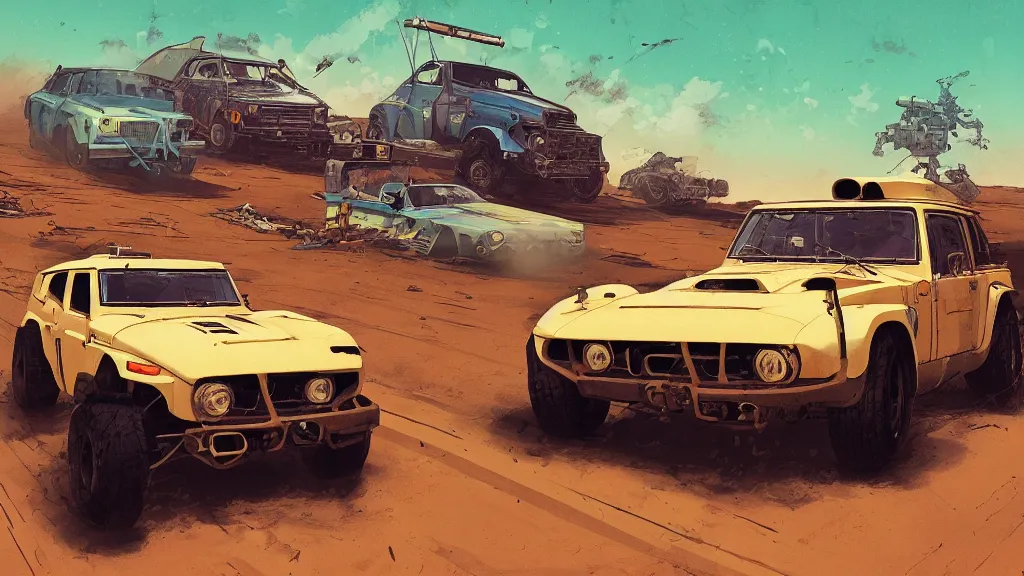 Image similar to digital illustration of mad max's fj 4 0 pursuit special, the last v 8 interceptor driving down a deserted cyberpunk highway in the middle of the day by studio ghibli, anime style, by makoto shinkai, ilya kuvshinov, lois van baarle, rossdraws, basquiat