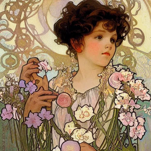 Image similar to art nouveau painting by Alphonse Mucha of a little girl with curly brown hair framed by flowers. Soft, muted colors, dreamy aesthetic.