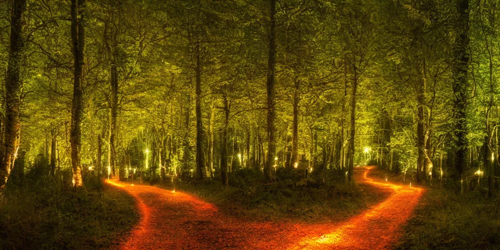Prompt: The forest path with light lighting it and fireflys, 4k, highly detailed, vivid colors, high definition, Rocha, Andreas