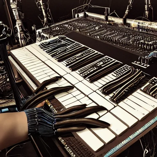 Image similar to huge audio production station and woman interconnected hybrid in the style of h.r. giger, keyboards, synthesizers, airbrush, canvas, biomechanical, surreal, nightmarish, cold, 8k, highly detailed, ultra-realistic, octane render,