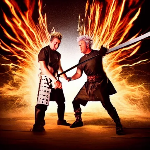 Image similar to Dramatic artistic photo of Samurai Gordon Ramsay having a sword fight with Samurai Guy Fieri, lightning in background, raining, dark, intense, anime fight, realistic, hyperrealistic