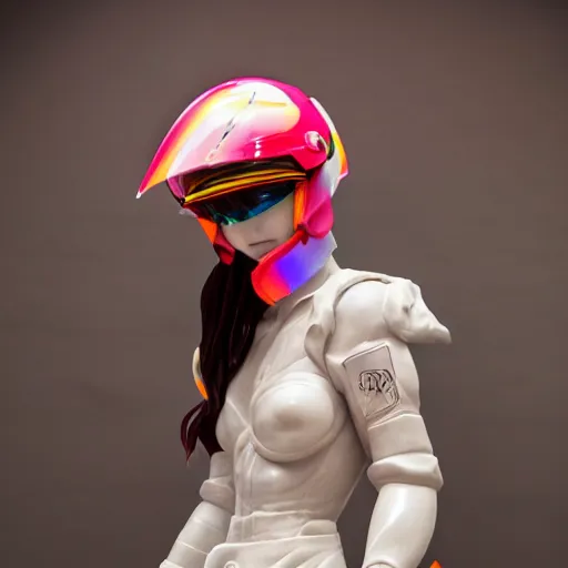 Prompt: extremely beautiful photo of a white marble statue of an anime girl with colorful motocross logos and motorcycle helmet with closed visor, colorful smoke in the background, carved marble statue, fine art, neon genesis evangelion, virgil abloh, offwhite, highly detailed, 8 k, hyperreal