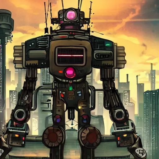 Image similar to a giant robot corpse that was repurposed into a booming city, set in the distant future, steampunk, cyberpunk, warm lights, anime, vhs distortion