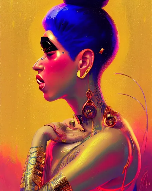 Image similar to Cardi B bathing in a gold tub, futuristic neon, decorated with traditional Japanese ornaments by Ismail inceoglu dragan bibin hans thoma greg rutkowski Alexandros Pyromallis Nekro Rene Maritte Illustrated, Perfect face, fine details, realistic shaded, fine-face, pretty face