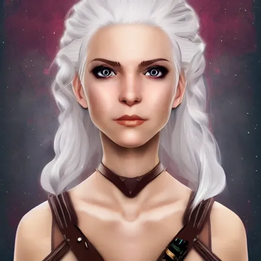 Image similar to fantasy portrait of a female human adventurer with white skin, white hair, white eyes without pupils, slightly - pointed ears, short wavy hair, eyebrow scar, trending on artstation, gentle smile, friendly, glowing, 4 5 angle, warm and welcoming