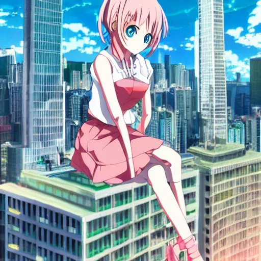 Image similar to Key Anime Visual a macro anime girl sitting on a miniature manhattan, official modern anime