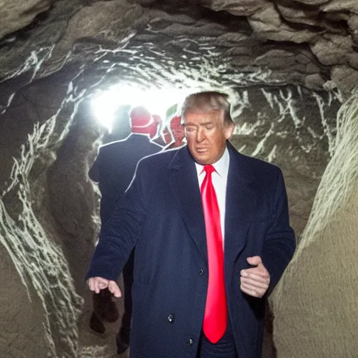 Image similar to blurry cell phone footage of donald trump in a narrow deep cave