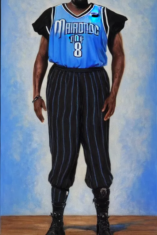 Image similar to full body portrait of shaquille o'neil as the dictator of the orlando magic, 1 8 8 9, in full military garb, magic blue, silver, and black,, oil on canvas by william sidney mount, trending on artstation