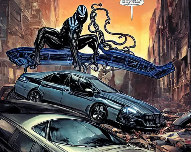 Prompt: Venom standing on top of a wrecked car in the city art by Clayton Crain, Javier Garron and Gerardo Sandoval