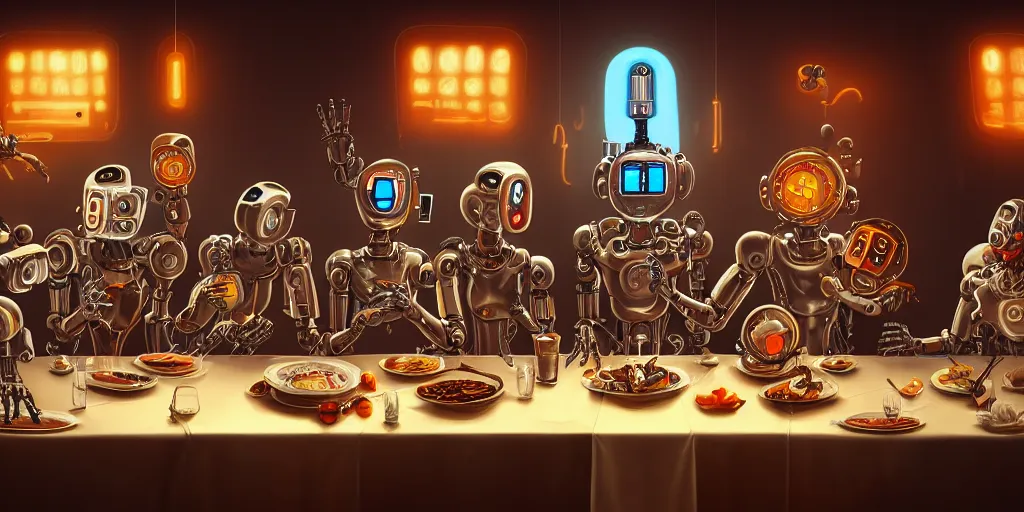 Prompt: clockpunk robot last supper, digital painting, trending on artstation, sharp focus, 4 k