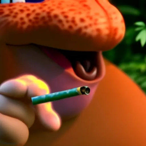 Image similar to realistic lifelike yoshi from nintendo licking his own toes while smoking a blunt 4 k ultrarealistic