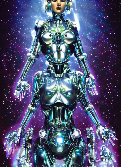 Prompt: Robotic beautiful Priestess posing in front of the stars by Hajime Sorayama and beksinksi, ultra detailed, dramatic lighting