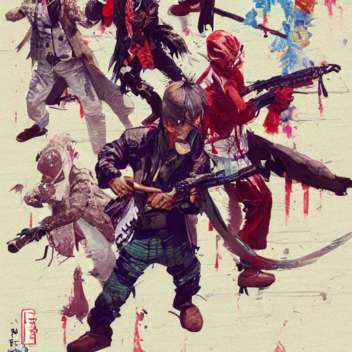 Prompt: concept art of chicken dressed asian assassins gang in action killing people in the crowded streets of hong kong, chicken dressed men, highly detailed painting by dustin nguyen, akihiko yoshida, greg tocchini, greg rutkowski, cliff chiang, 4 k resolution, trending on artstation, 8 k, man dressed as a chicken