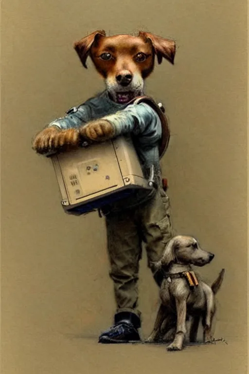 Image similar to (((((1950s boy and his robot box shaped k9 dog. muted colors.))))) by Jean-Baptiste Monge !!!!!!!!!!!!!!!!!!!!!!!!!!!