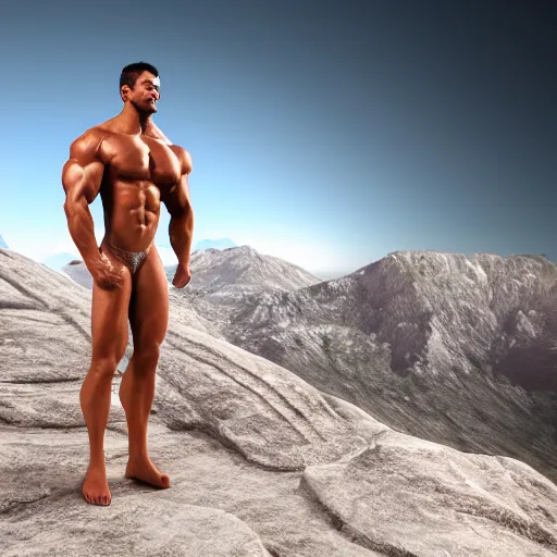 Image similar to god physique, greek god, standing on top of mountain, ultra realistic, concept art, posing, body builder, award, inspirational, realistic lighting, real life, unreal engine render, windy