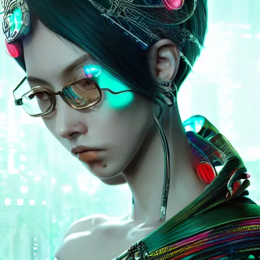 Image similar to the portrait of an absurdly beautiful, graceful, elegant, sophisticated, fashionable cyberpunk gravure idol, an ultrafine hyperdetailed illustration by kim jung gi, irakli nadar, intricate linework, bright colors, porcelain skin, unreal engine 5 highly rendered, cgsociety, global illumination, radiant light, detailed and intricate environment